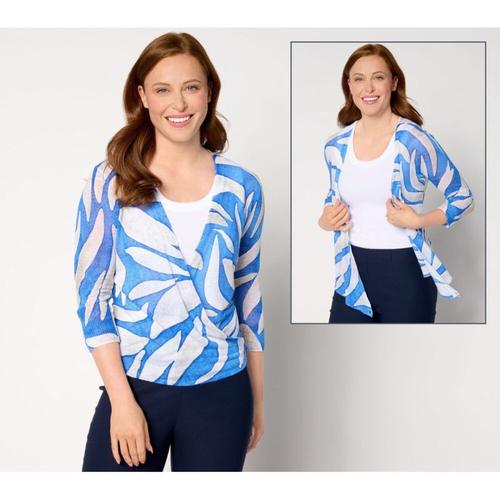 Truth + Style Women's Top Sweater Sz M NIC ZOE Printed -Way Cardigan Blue